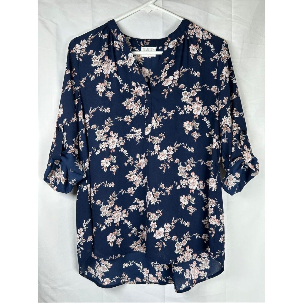 Sienna Sky Floral Blouse Women’s Medium Navy Blue V-Neck Flowy